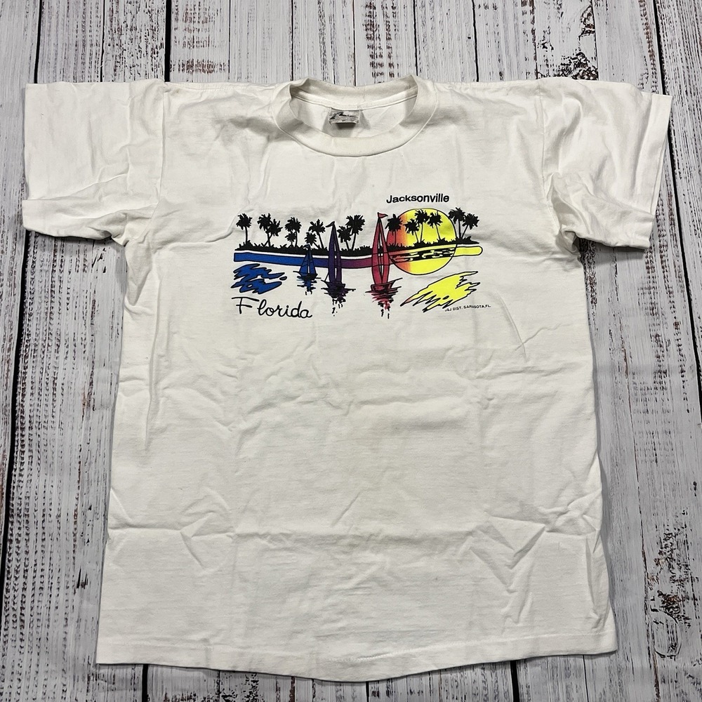 Vtg 80s Mens M Jackson Florida Palm Tree Sunset White T-shirt Single Stitch